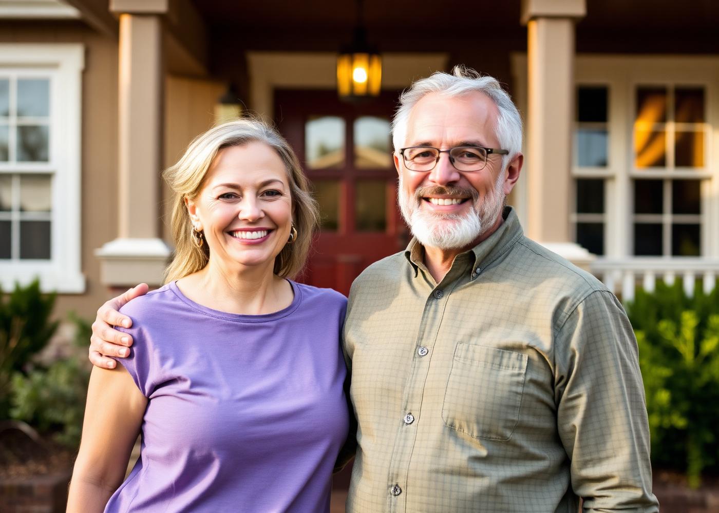 Happy homeowners in front of their house